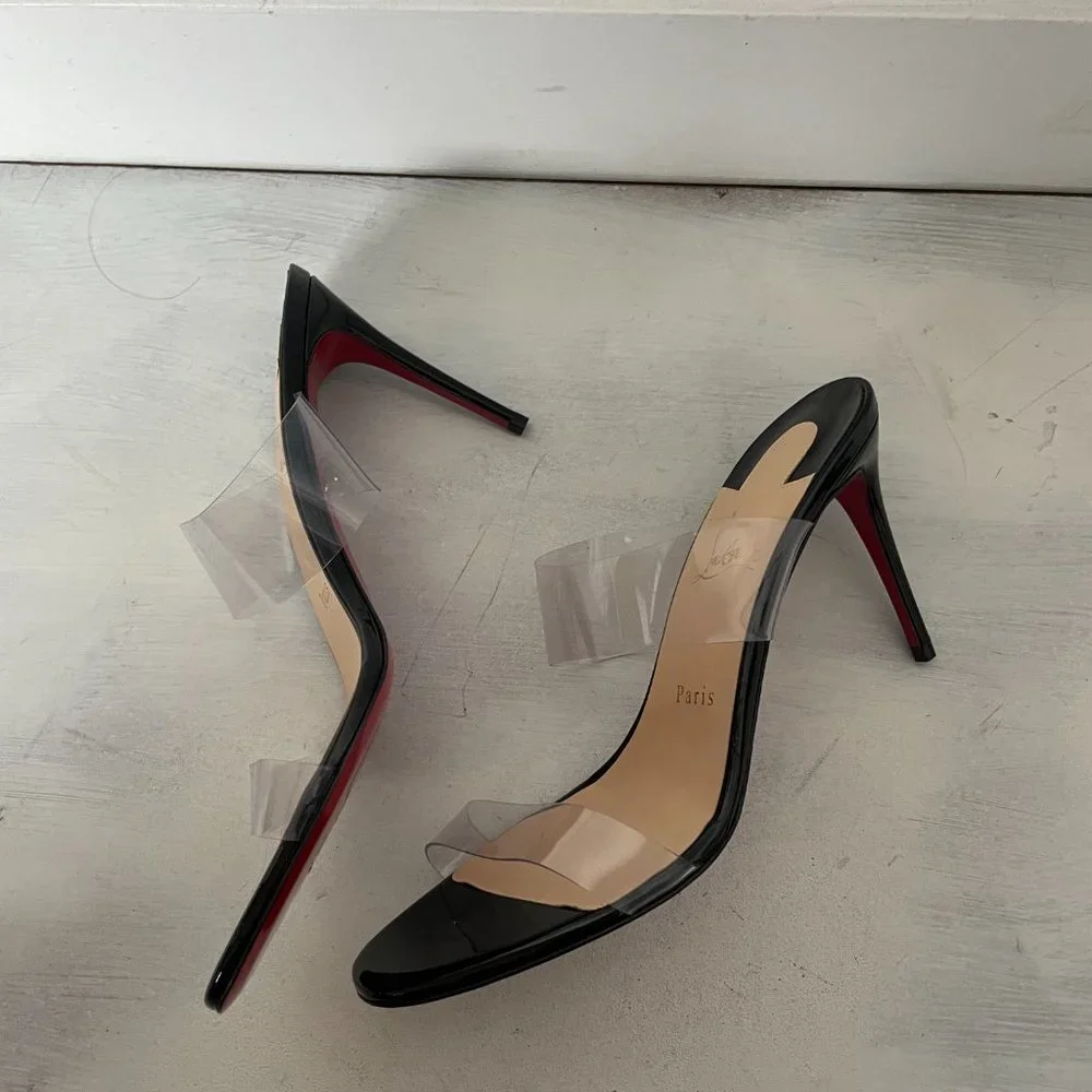 ❌SOLD❌Christian Louboutin Just Nothing 85 Slide Sandals Patent Leather PVC Mule - Picture 8 of 12